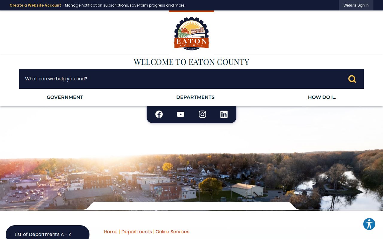 Eaton County Online Services page without a public inmate roster