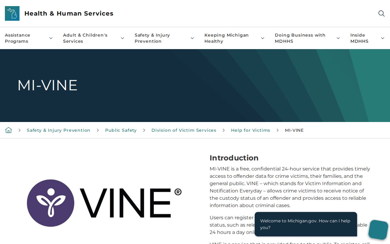 Michigan MI-VINE program page explaining custody notification services