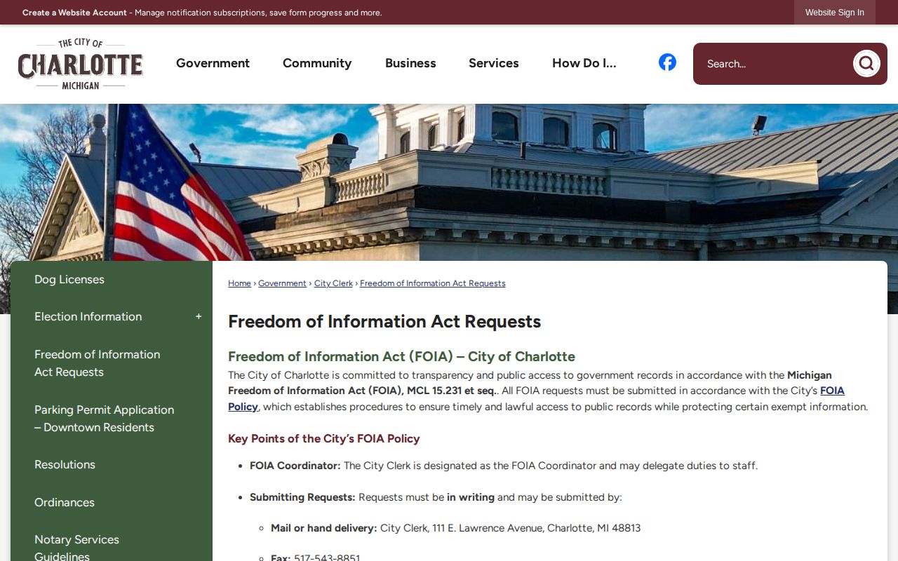 Charlotte Michigan Freedom of Information Act request page