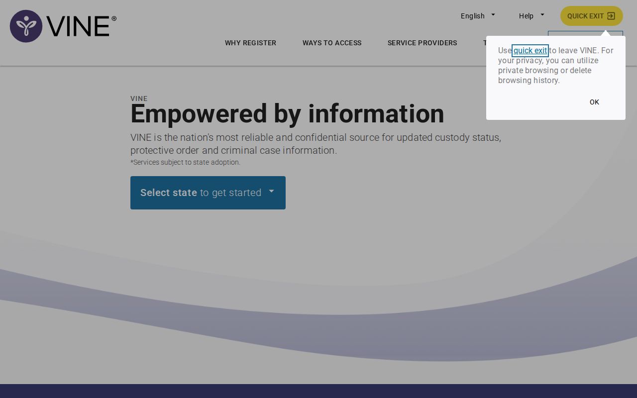 Official VINELink home screen used to select Michigan and search custody records